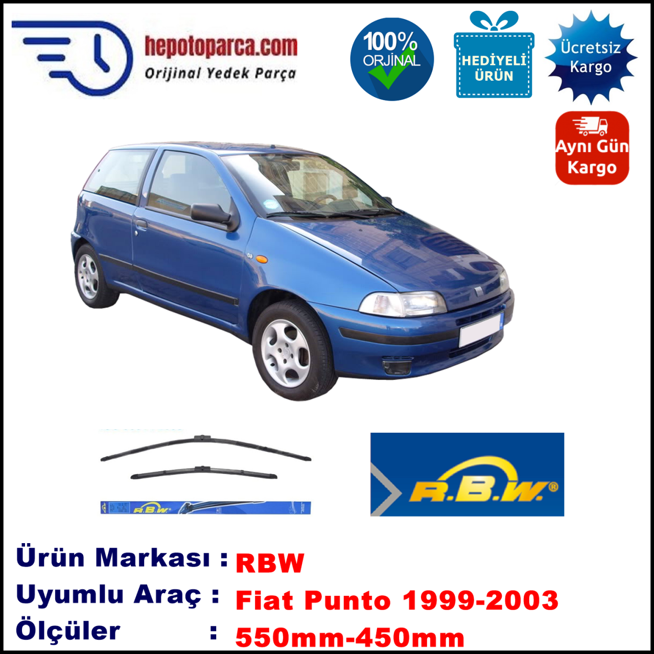 FIAT Punto GT [176..] 08.1993-08.1999, 550 / 400 mm.  RBW  ADAPTÖRLÜ MUZ SİLECEK SETİ
