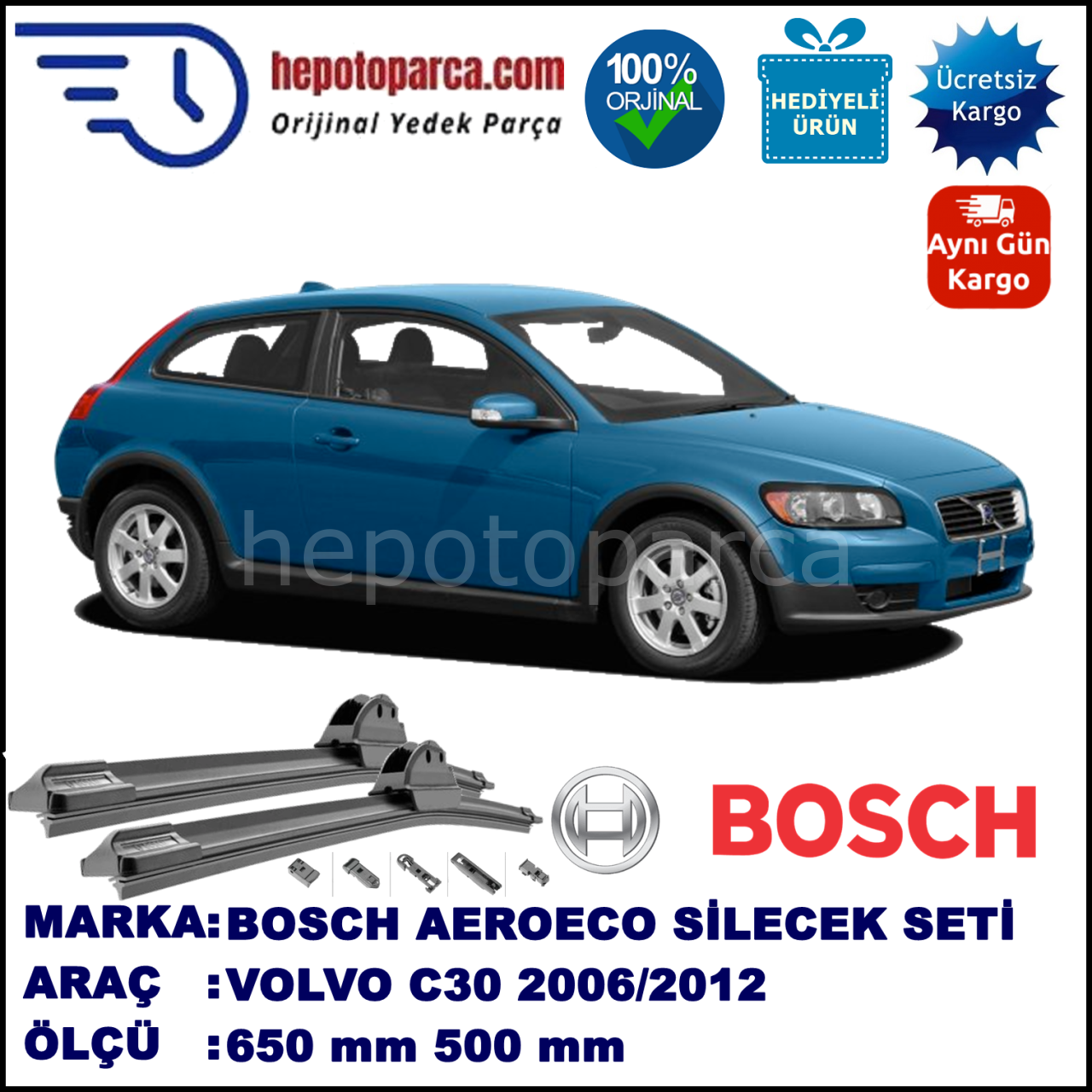 VOLVO C30  10.2006-..., 650 / 500 mm. BOSCH AEROECO Aparatlı Muz Silecek