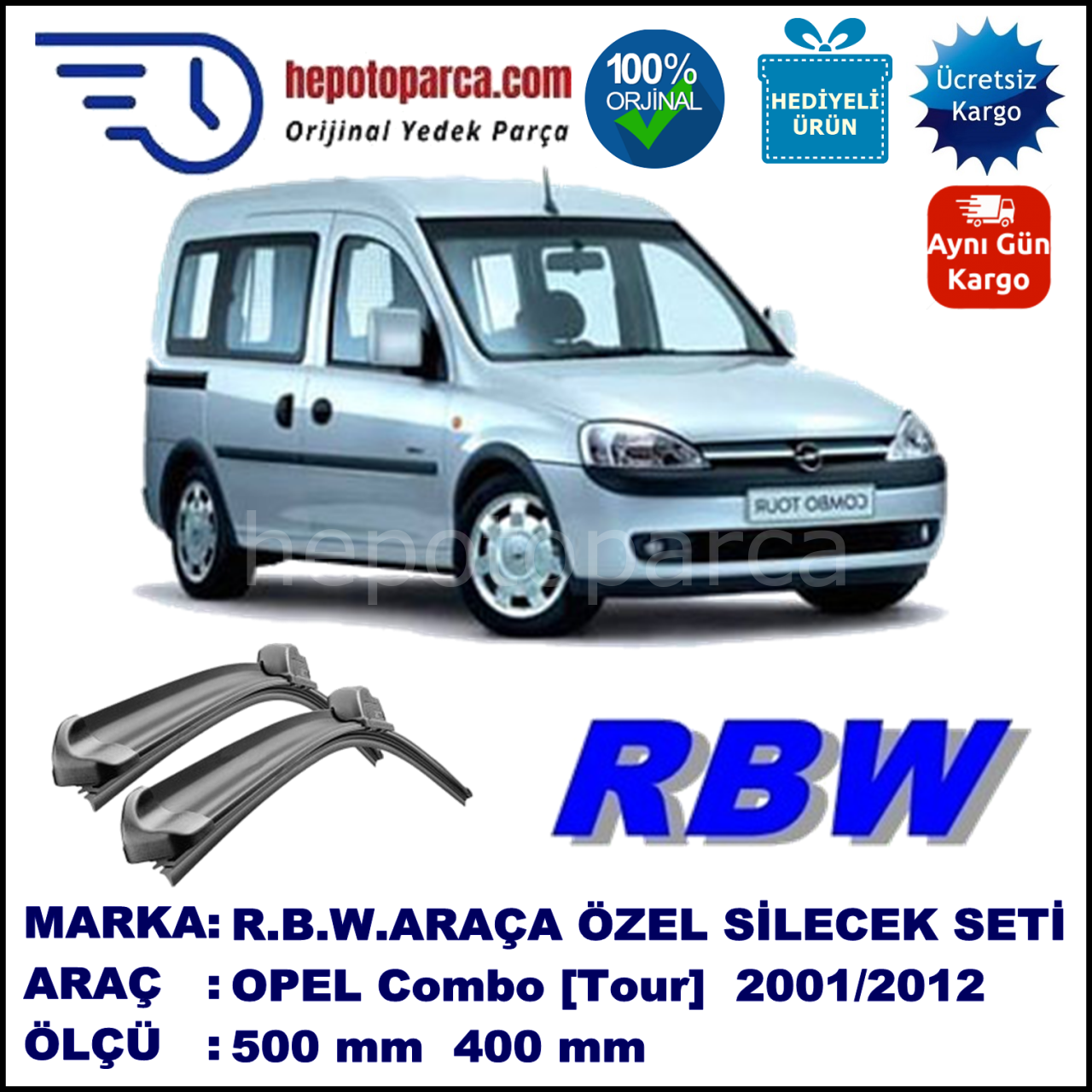 OPEL Combo [Tour] 10.01-01.12 500 / 400 mm. RBW Muz Silecek Seti  2'li Takım. U Kanca Uyumludur.