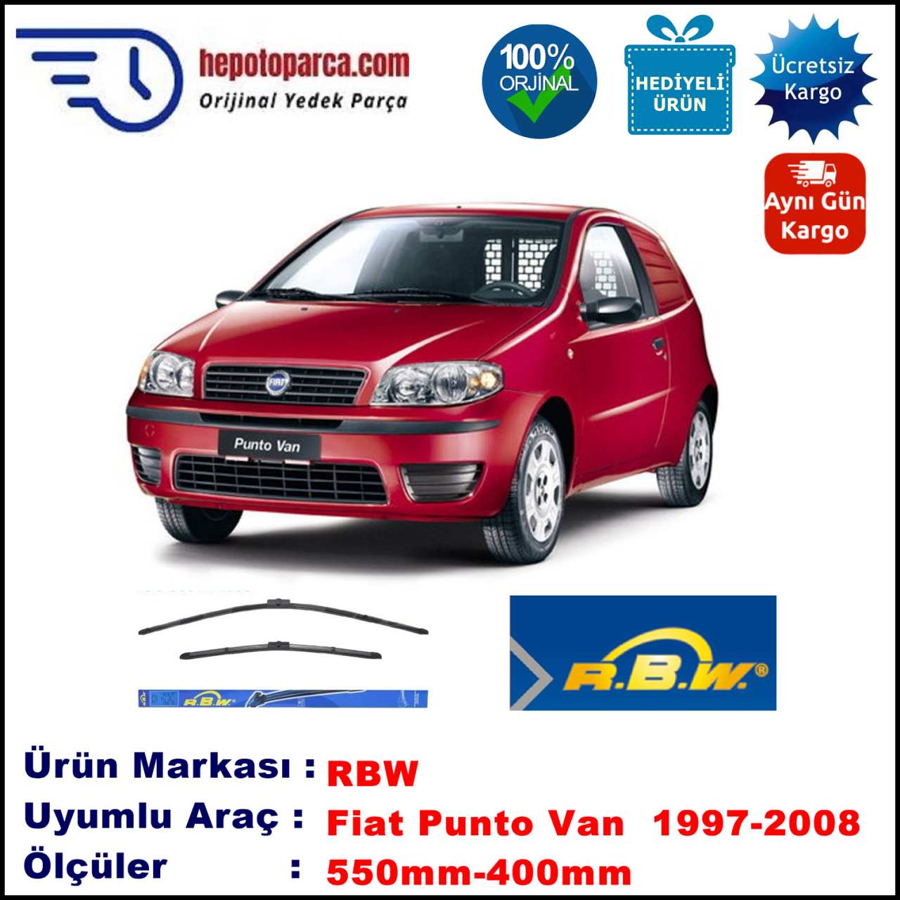 FIAT Punto VAN [276..] 05.1997-08.1999, 550 / 400 mm.  RBW  ADAPTÖRLÜ MUZ SİLECEK SETİ