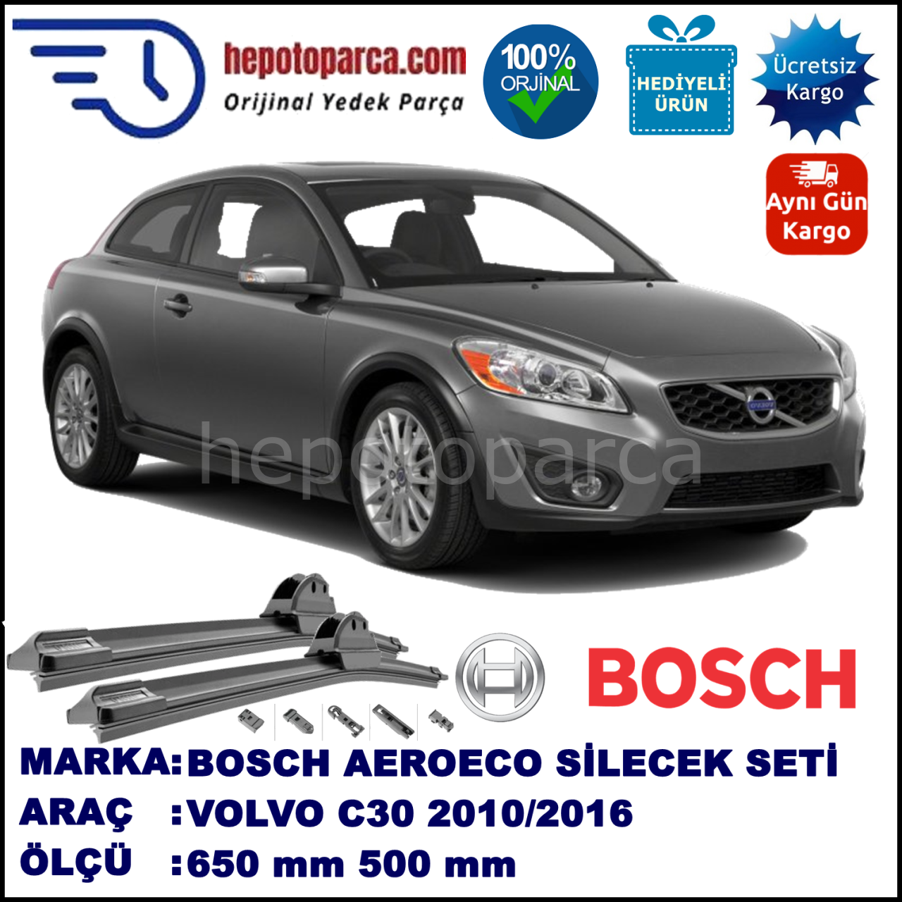 VOLVO C30  08.2010-..., 650 / 500 mm. BOSCH AEROECO Aparatlı Muz Silecek