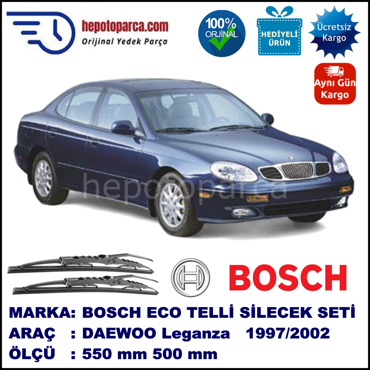 DAEWOO Leganza [KLAV, V100] 03.97-12.02 550 / 500 mm. BOSCH ECO Telli Silecek 2'li Takım