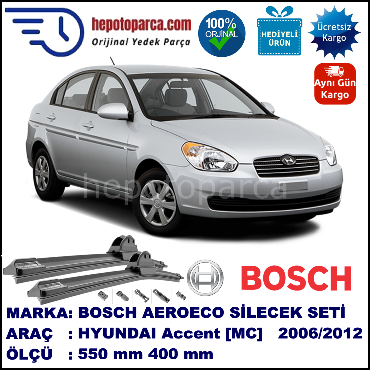 HYUNDAI Accent [MC] 04.2006-02.2012, 550 / 400 mm. BOSCH AEROECO Aparatlı Muz Silecek