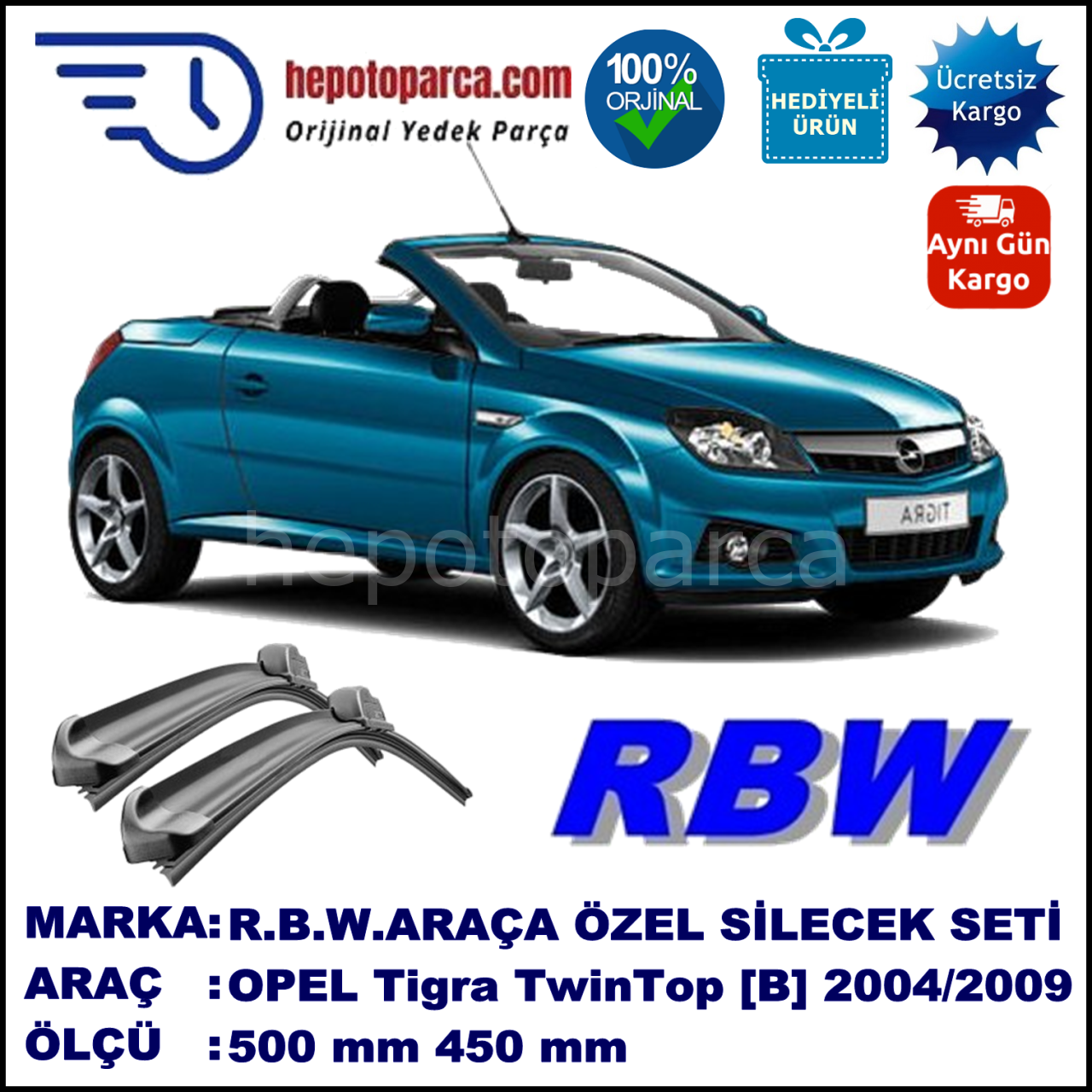 OPEL Tigra TwinTop [B] 06.04-12.09 500 / 450 mm. RBW Muz Silecek Seti  2'li Takım. U Kanca Uyumludur.