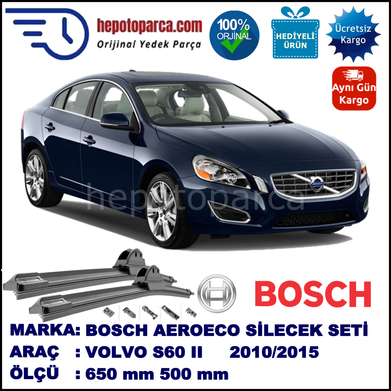 VOLVO S60 II  08.2010-..., 650 / 500 mm. BOSCH AEROECO Aparatlı Muz Silecek