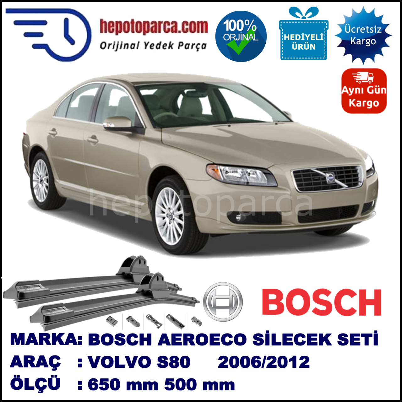 VOLVO S80 II  03.2006-..., 650 / 500 mm. BOSCH AEROECO Aparatlı Muz Silecek