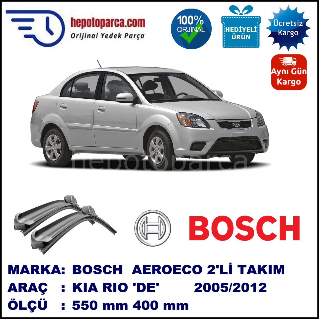 KIA Rio [DE] 03.2005-..., 550 / 400 mm. BOSCH AEROECO Aparatlı Muz Silecek