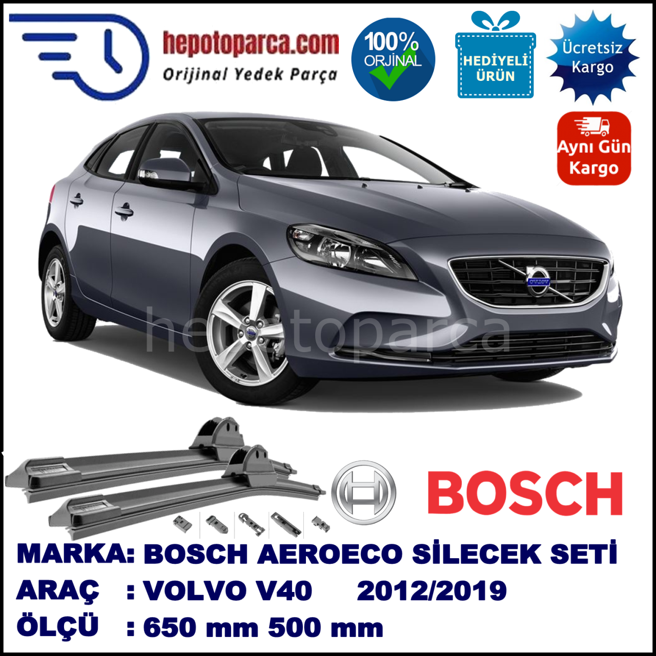 VOLVO V40 II  08.2012-..., 650 / 500 mm. BOSCH AEROECO Aparatlı Muz Silecek