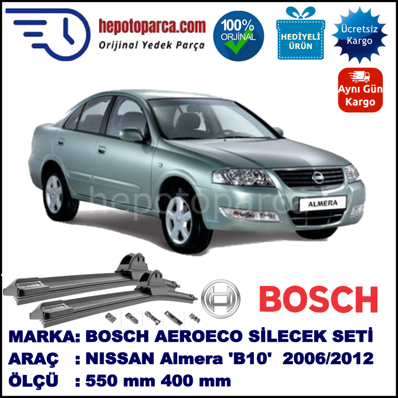 NISSAN Almera (Classic) [B10] 01.2006-..., 550 / 400 mm. BOSCH AEROECO Aparatlı Muz Silecek
