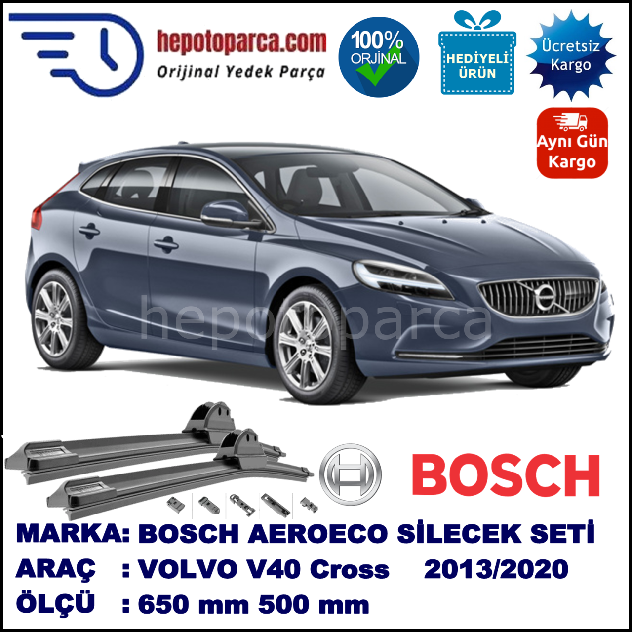 VOLVO V40 Cross Country  01.2013-..., 650 / 500 mm. BOSCH AEROECO Aparatlı Muz Silecek