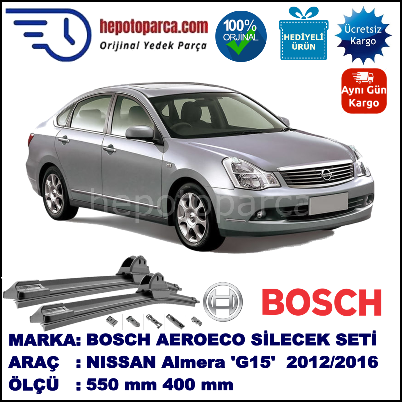 NISSAN Almera [G15RA] 11.2012-..., 550 / 400 mm. BOSCH AEROECO Aparatlı Muz Silecek