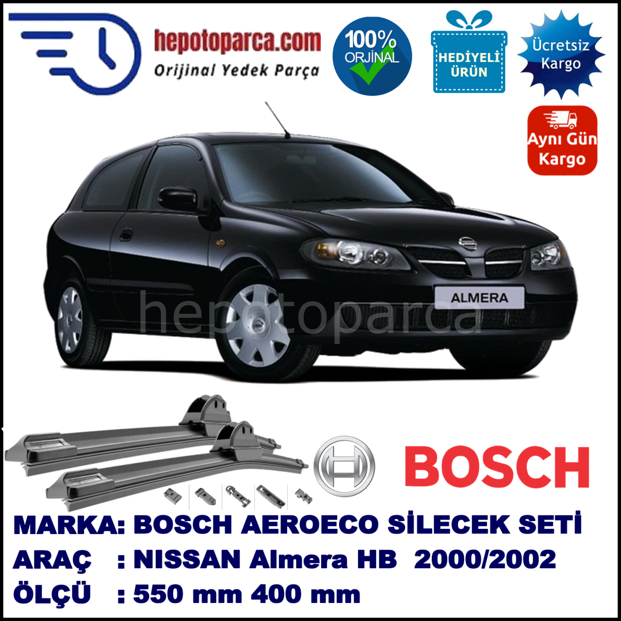 NISSAN Almera Hatchback [N16E] 01.2000-09.2002, 550 / 400 mm. BOSCH AEROECO Aparatlı Muz Silecek