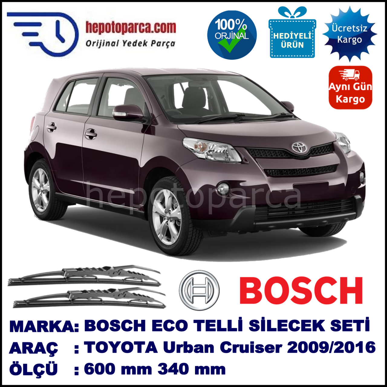 TOYOTA Urban Cruiser [P1] 01.09-... 600 / 340 mm. BOSCH ECO Telli Silecek 2'li Takım