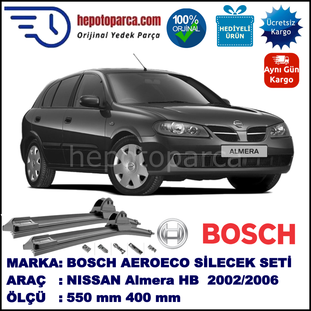 NISSAN Almera Hatchback [N16E] 10.2002-11.2006, 550 / 400 mm. BOSCH AEROECO Aparatlı Muz Silecek