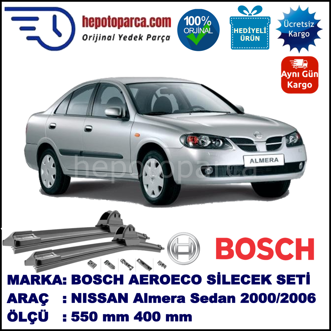 NISSAN Almera Sedan [N16; N16E] 04.2000-11.2006, 550 / 400 mm. BOSCH AEROECO Aparatlı Muz Silecek