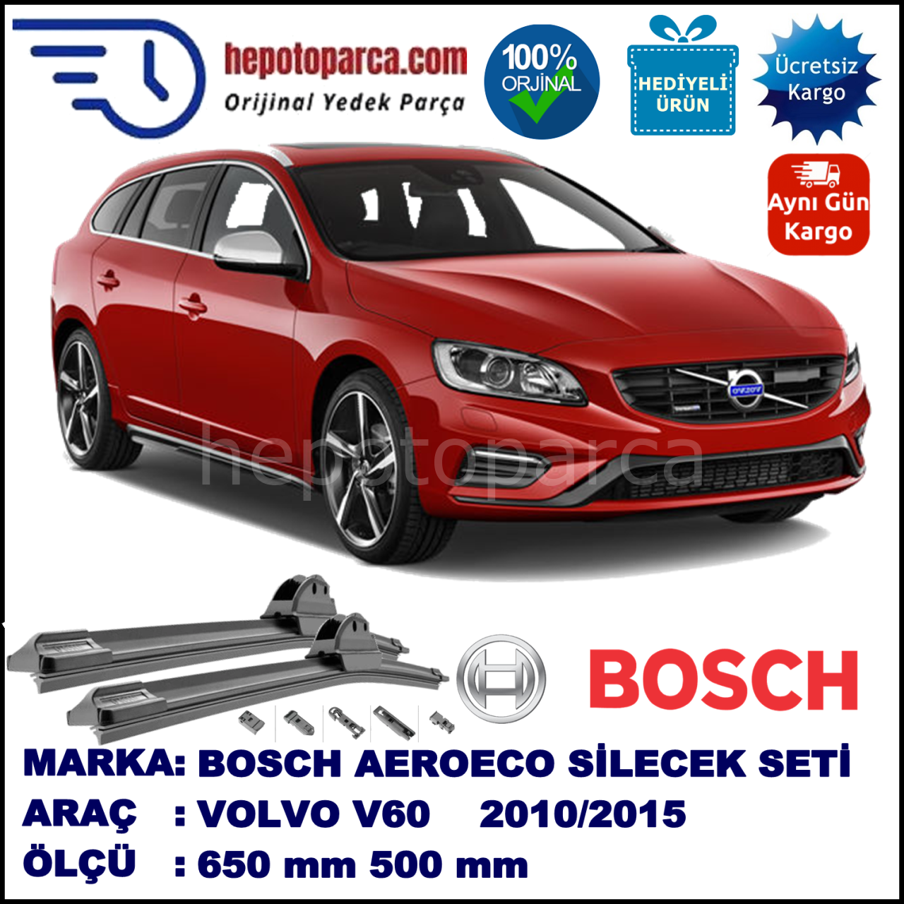 VOLVO V60  11.2010-..., 650 / 500 mm. BOSCH AEROECO Aparatlı Muz Silecek