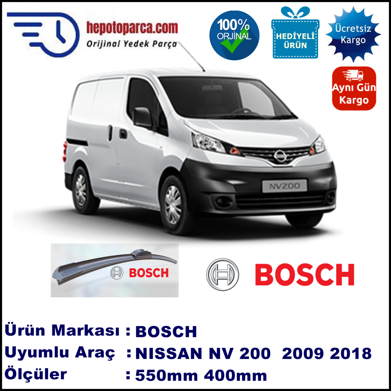 NISSAN NV200 [M20/M20M] 08.2009-..., 550 / 400 mm. BOSCH AEROECO Aparatlı Muz Silecek
