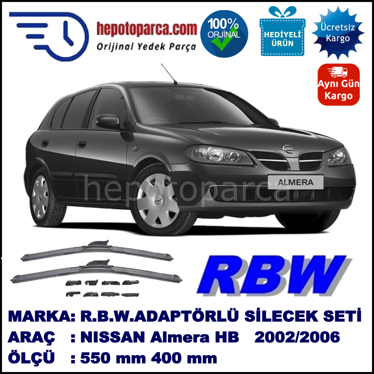 NISSAN Almera Hatchback [N16E] 10.2002-11.2006, 550 / 400 mm.  RBW  ADAPTÖRLÜ MUZ SİLECEK SETİ