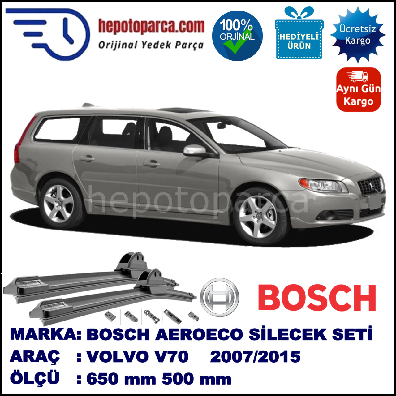 VOLVO V70 III  08.2007-..., 650 / 500 mm. BOSCH AEROECO Aparatlı Muz Silecek