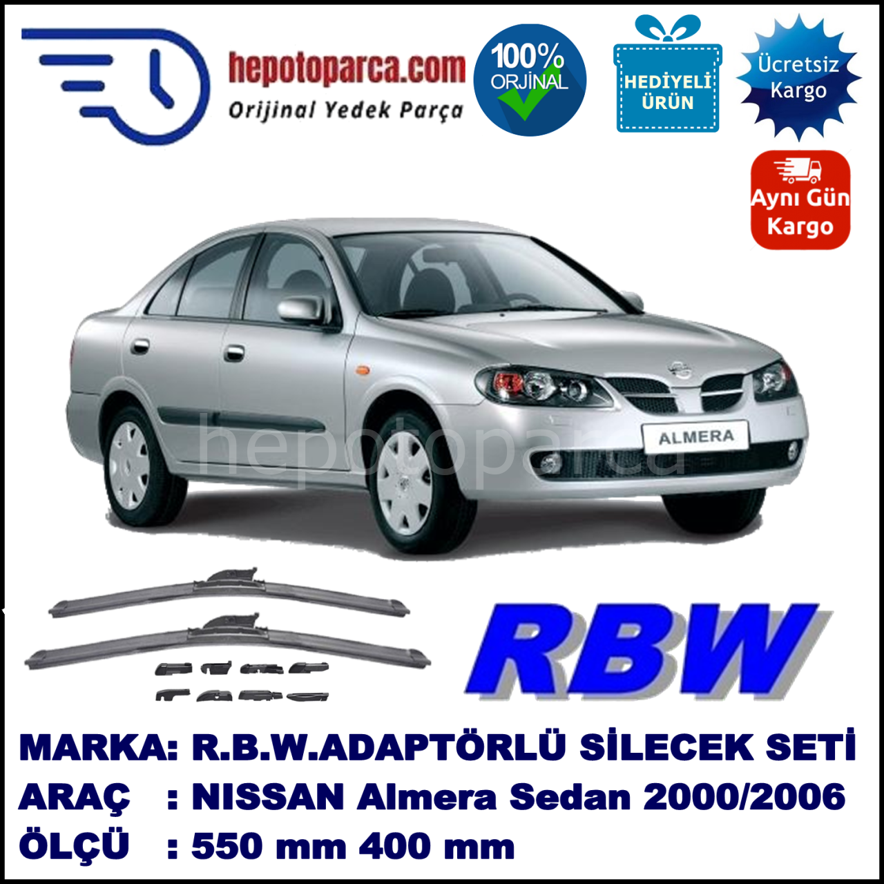 NISSAN Almera Sedan [N16; N16E] 04.2000-11.2006, 550 / 400 mm.  RBW  ADAPTÖRLÜ MUZ SİLECEK SETİ