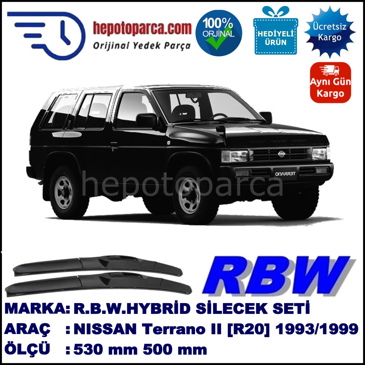 NISSAN Terrano II [R20] 02.93-10.99 530 / 500 mm. RBW Hybrid Silecek Seti. U Kanca Uyumlu Hibrit