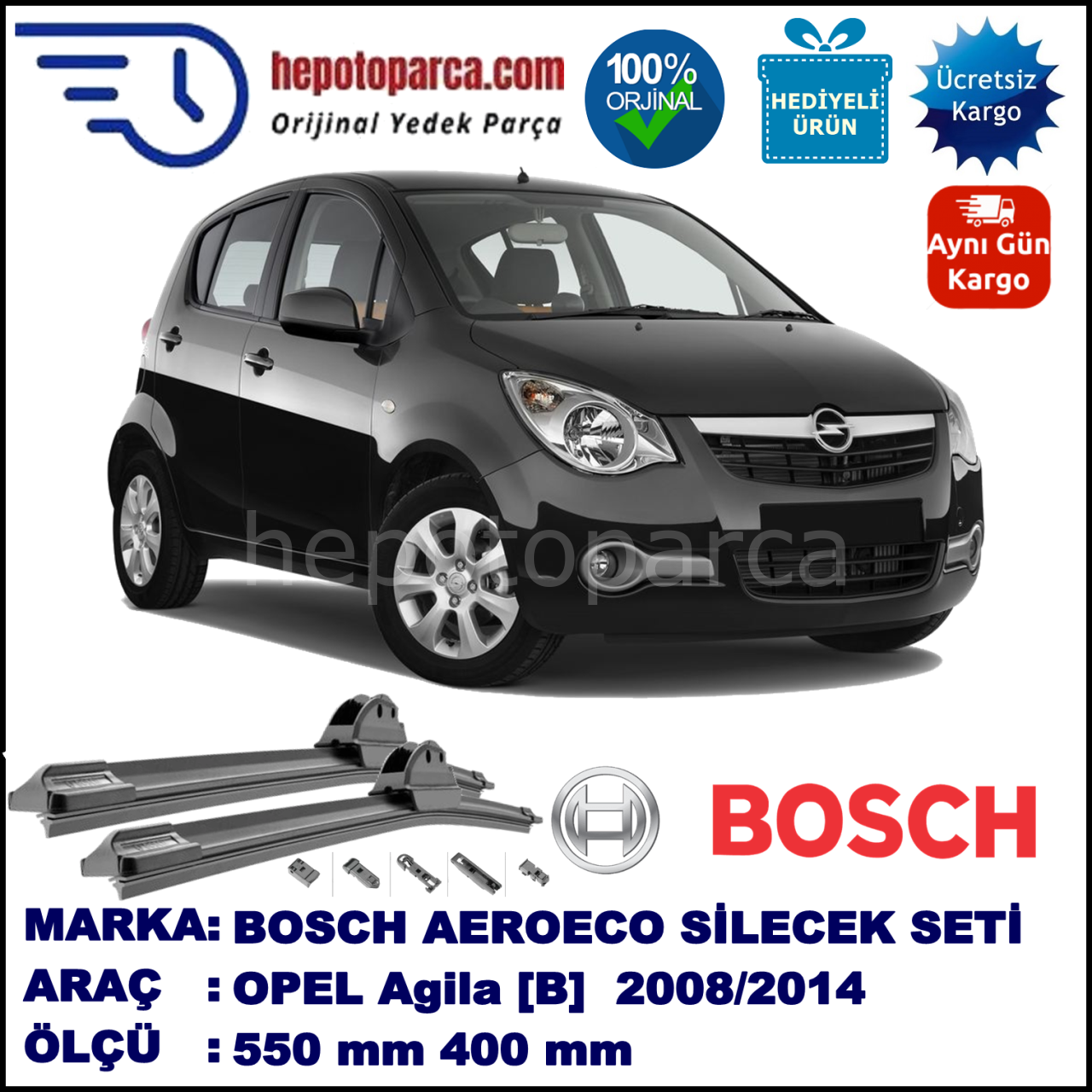 OPEL Agila [B] 03.2008-..., 550 / 400 mm. BOSCH AEROECO Aparatlı Muz Silecek