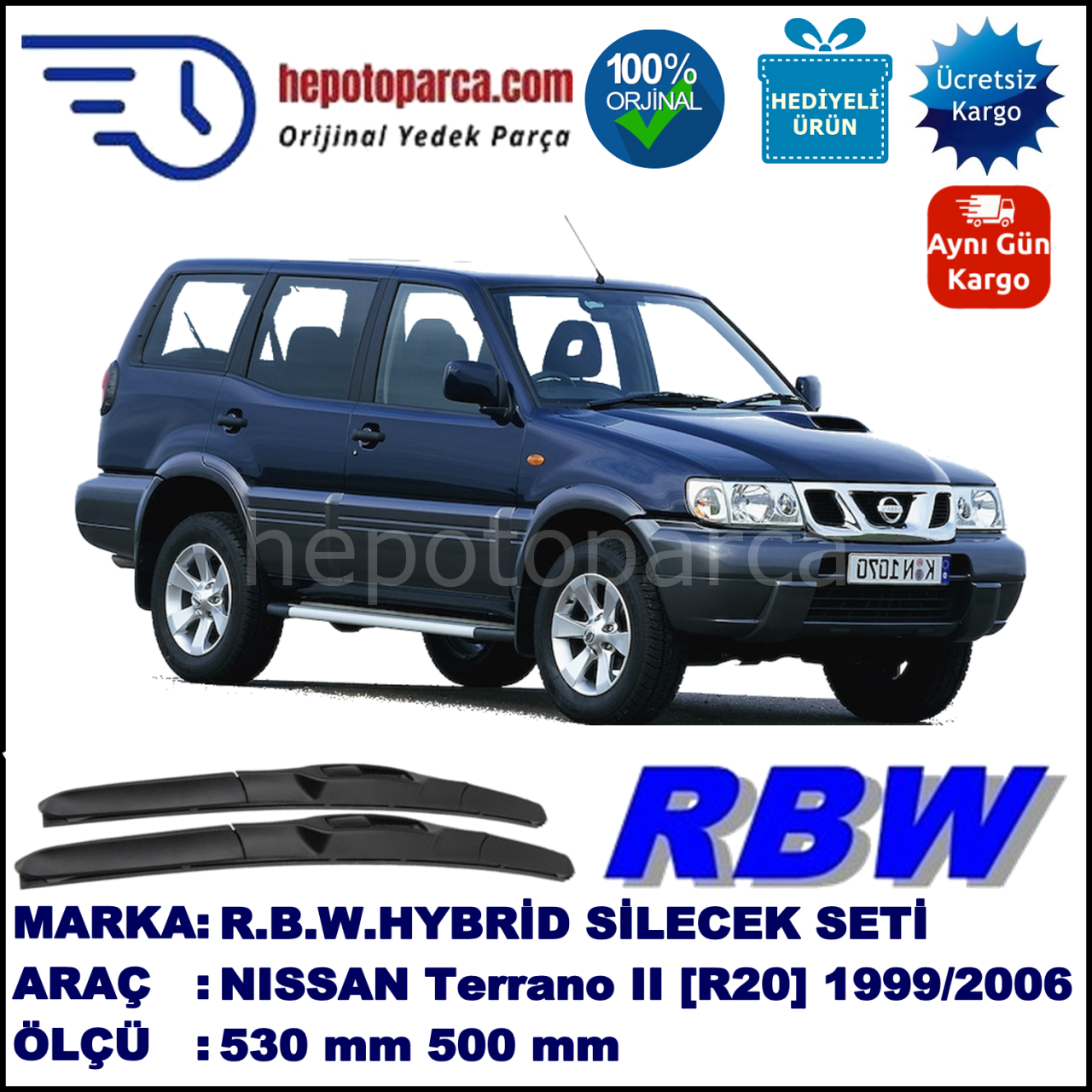 NISSAN Terrano II [R20] 11.99-... 530 / 500 mm. RBW Hybrid Silecek Seti. U Kanca Uyumlu Hibrit