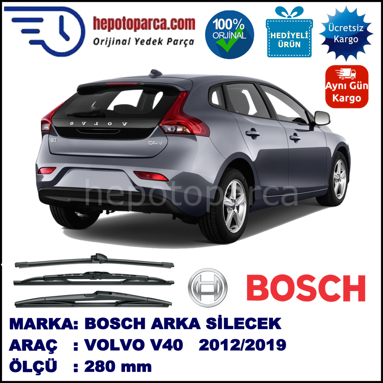 VOLVO V40 II  08.2012-..., 650 / 500 mm.  RBW  ADAPTÖRLÜ MUZ SİLECEK SETİ