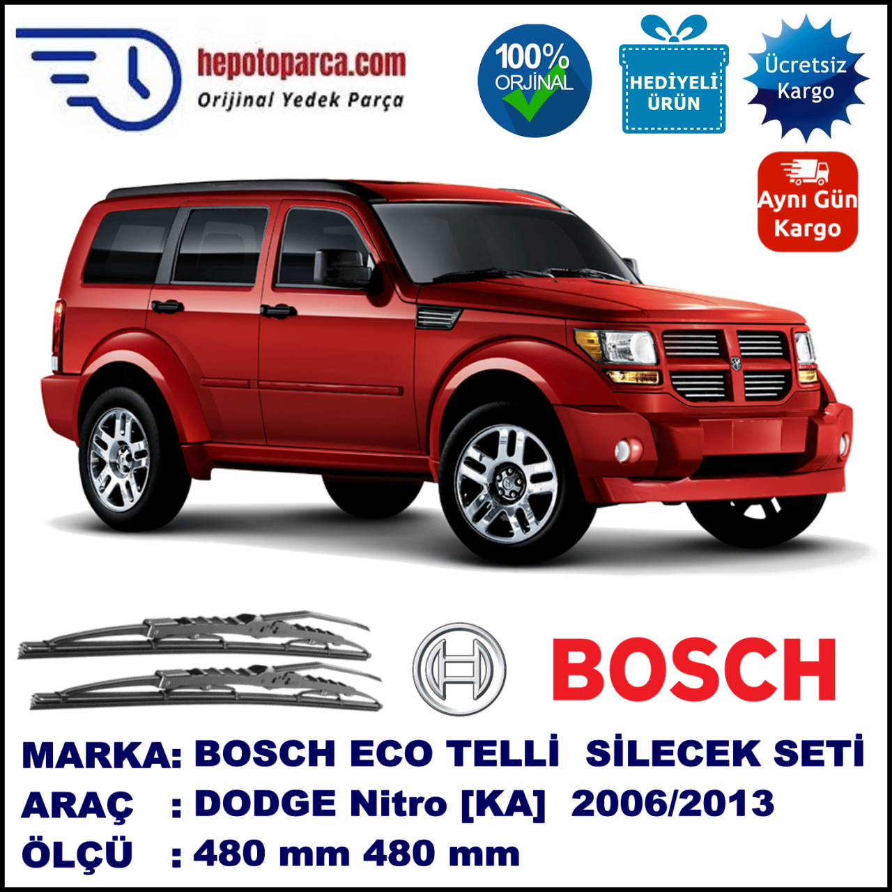 DODGE Nitro [KA] 09.06-... 480 / 480 mm. BOSCH ECO Telli Silecek 2'li Takım
