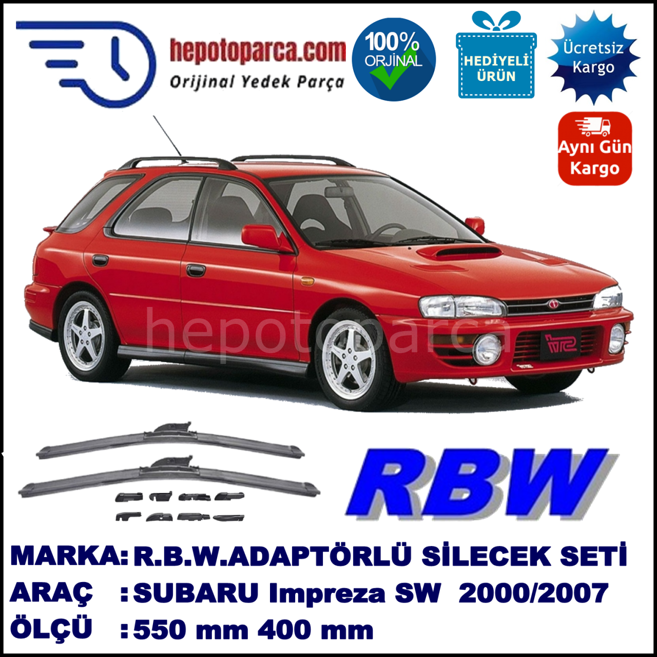 SUBARU Impreza Kombi [GD, GG] 10.2000-06.2007, 550 / 400 mm.  RBW  ADAPTÖRLÜ MUZ SİLECEK SETİ