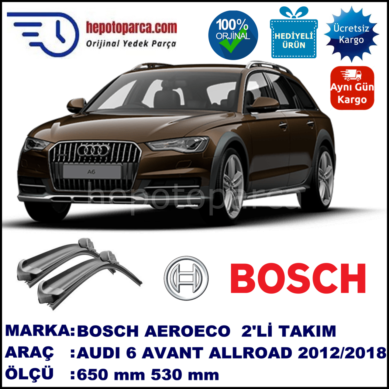 AUDI A6 Avant Allroad [4GH; C7] 01.2012-..., 650 / 530 mm. BOSCH AEROECO Aparatlı Muz Silecek