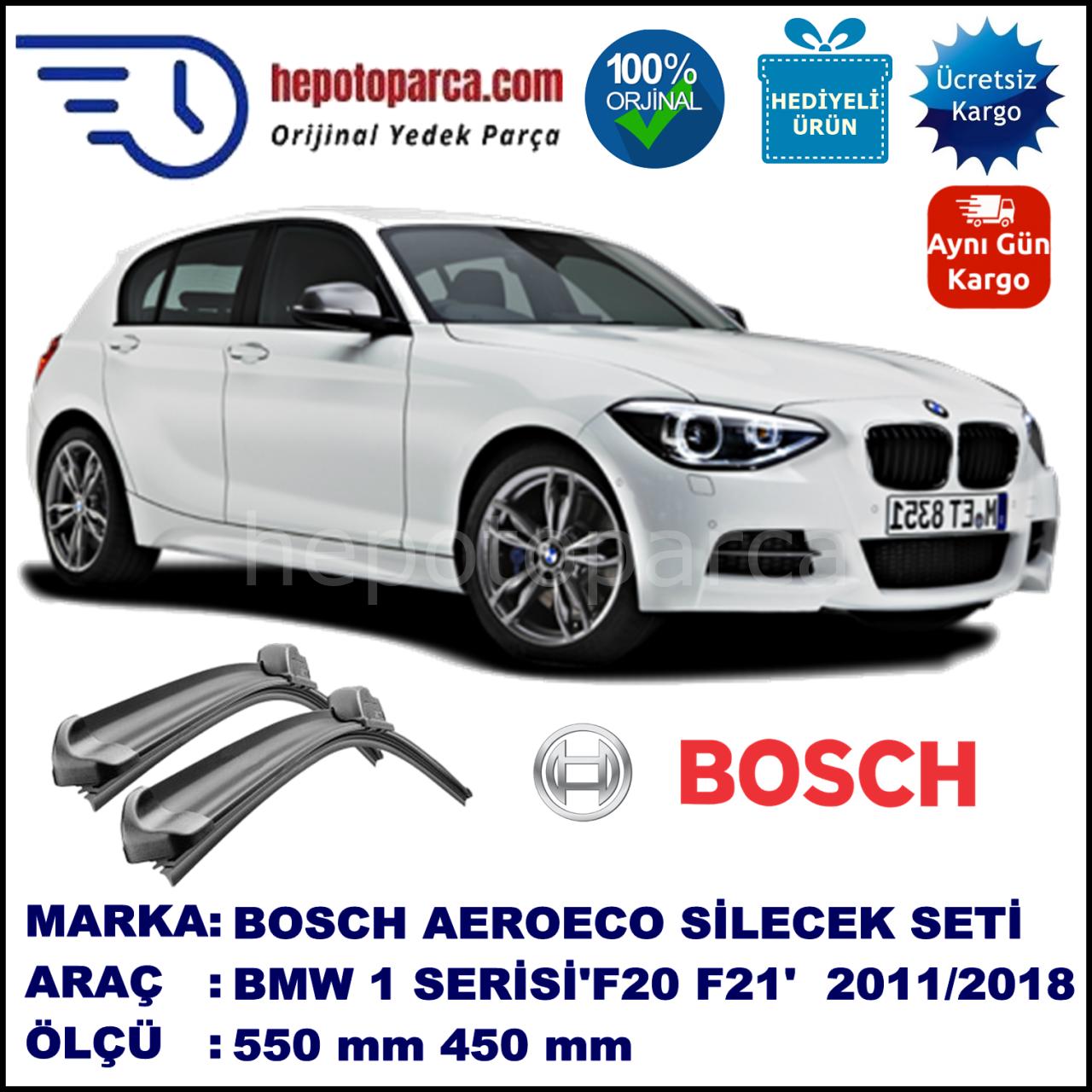 BMW Serie 1 [F 20; F21] 09.2011-..., 550 / 450 mm. BOSCH AEROECO Aparatlı Muz Silecek