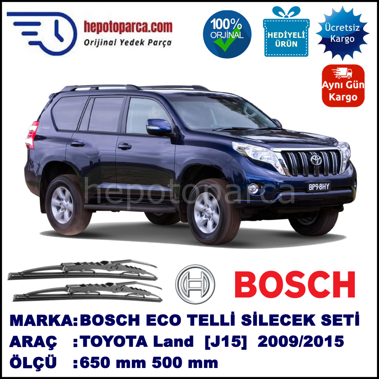 TOYOTA Land Cruiser [J15] 08.09-... 650 / 500 mm. BOSCH ECO Telli Silecek 2'li Takım