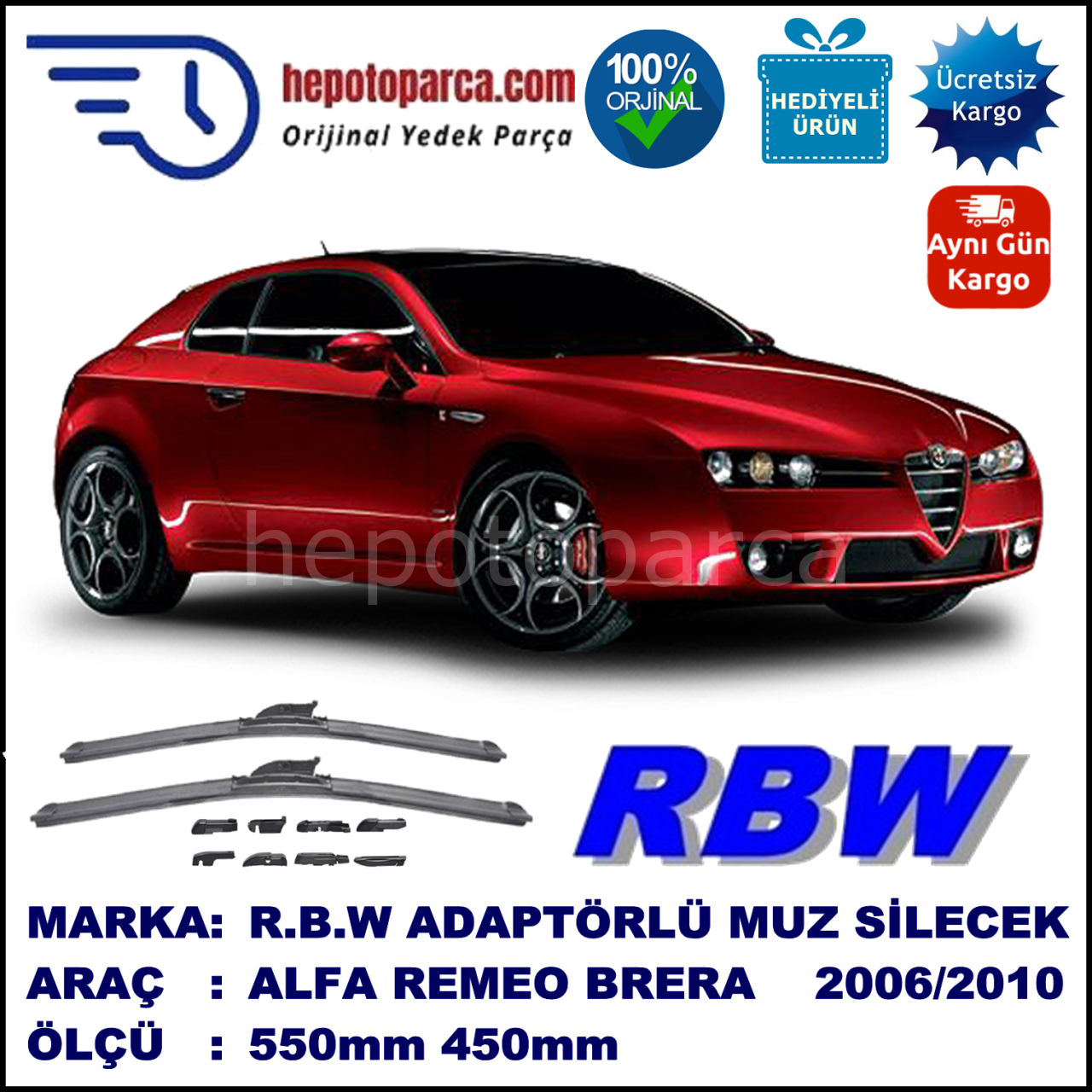 ALFA ROMEO Brera [939] 01.2006-12.2010 , 550 / 450 mm.  RBW  ADAPTÖRLÜ MUZ SİLECEK SETİ