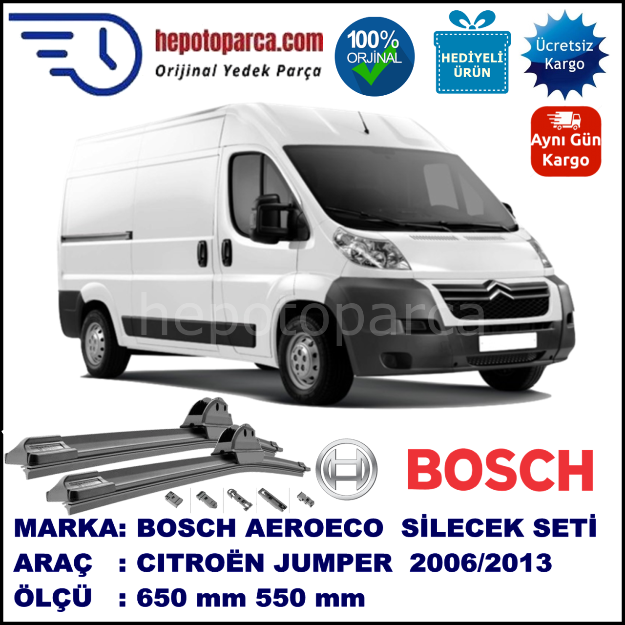 CITROEN Jumper [U9] 06.2006-..., 650 / 550 mm. BOSCH AEROECO Aparatlı Muz Silecek