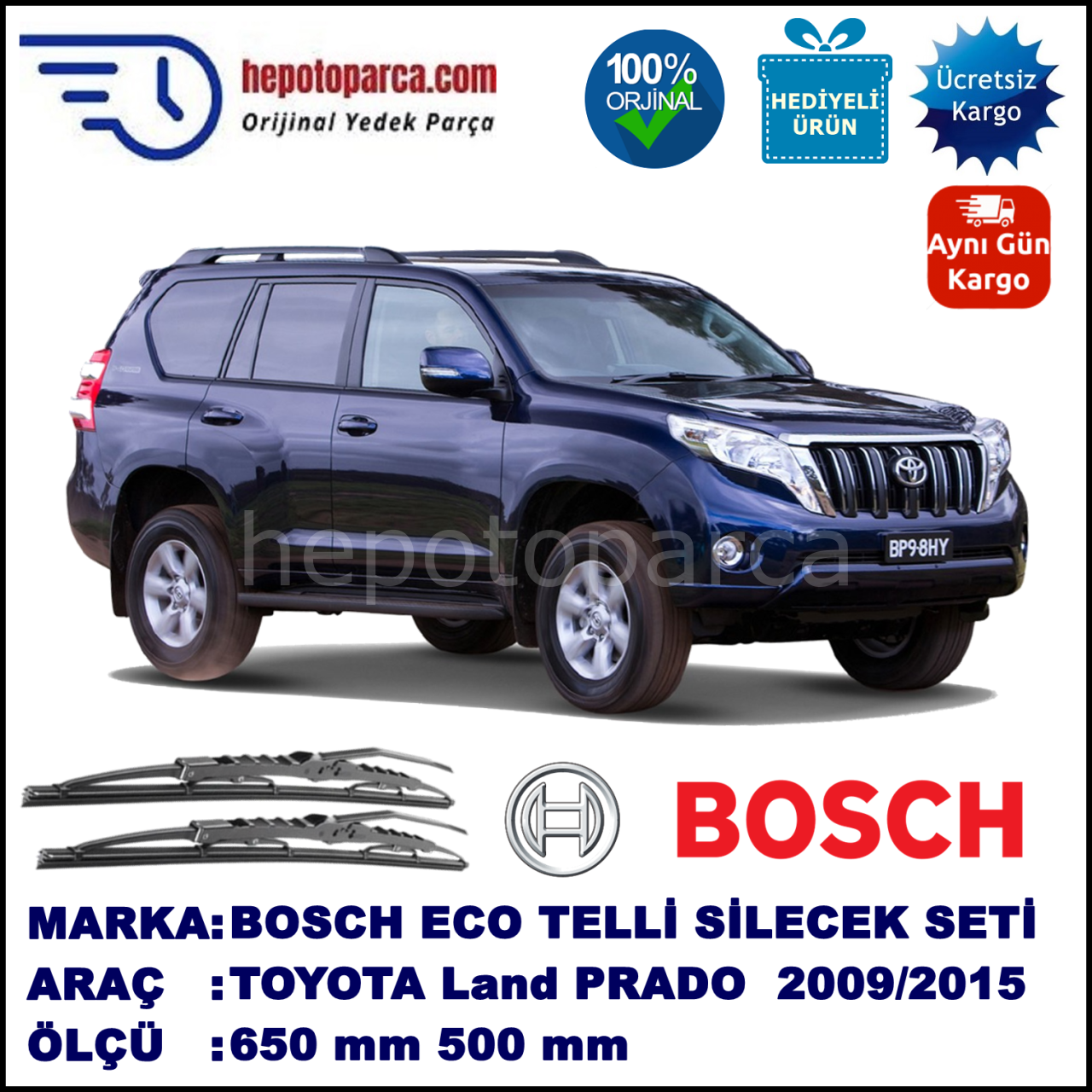 TOYOTA Land Cruiser Prado [J15] 09.09-... 650 / 500 mm. BOSCH ECO Telli Silecek 2'li Takım