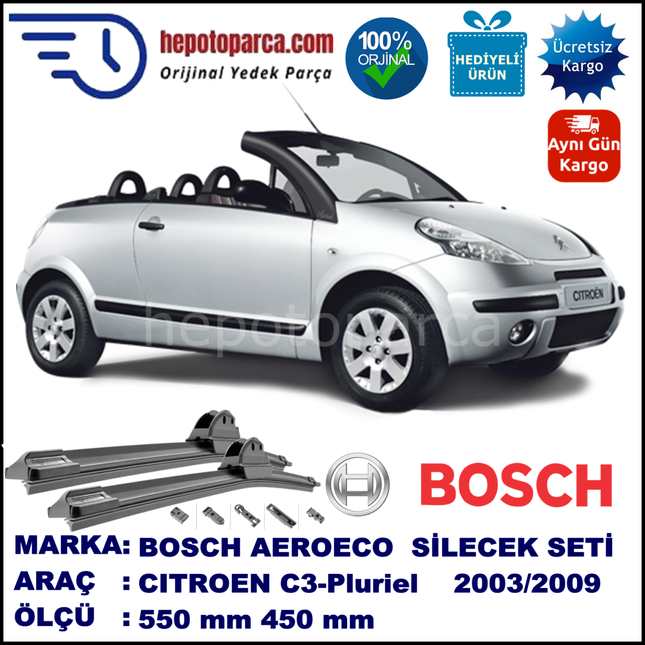 CITROEN C3-Pluriel [A42] 05.2003-10.2012, 550 / 450 mm. BOSCH AEROECO Aparatlı Muz Silecek