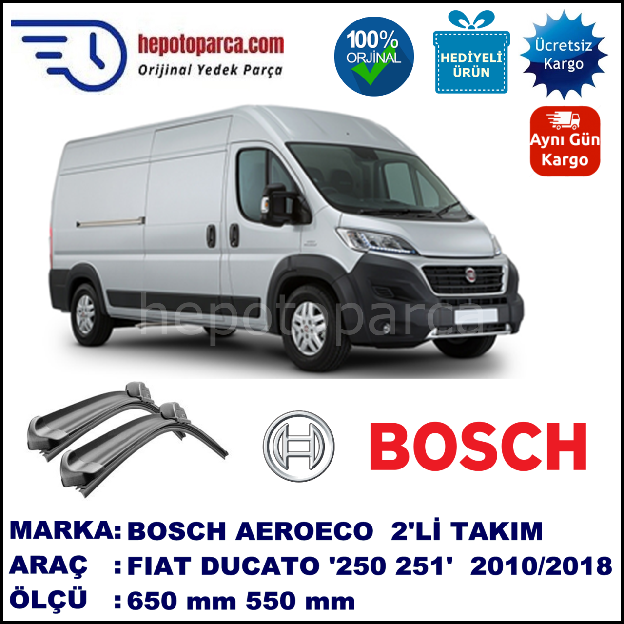 FIAT Ducato [250; 251] 06.2006-..., 650 / 550 mm. BOSCH AEROECO Aparatlı Muz Silecek