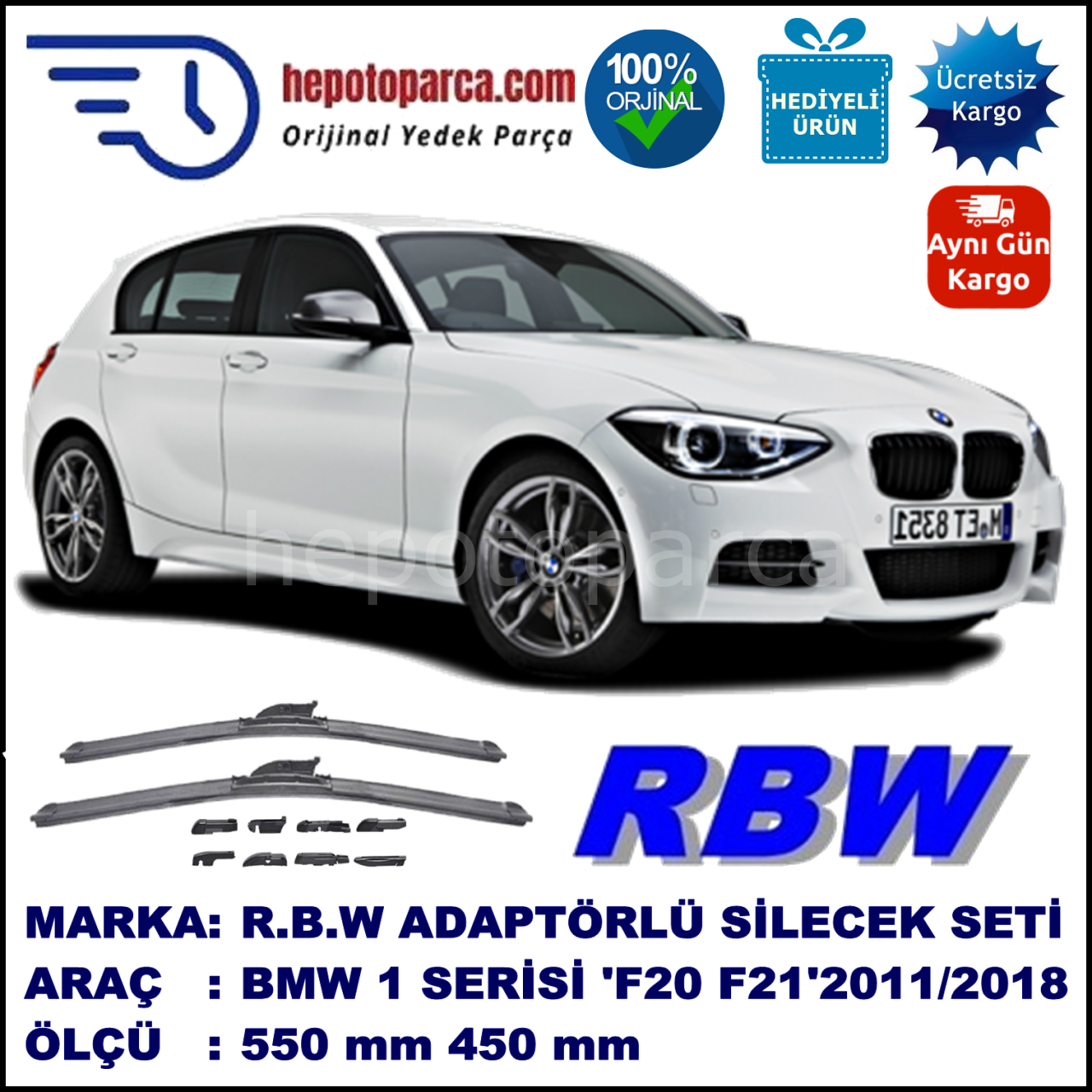 BMW Serie 1 [F 20; F21] 09.2011-..., 550 / 450 mm.  RBW  ADAPTÖRLÜ MUZ SİLECEK SETİ