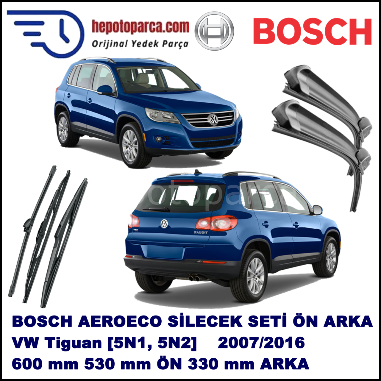 VW Tiguan [5N1, 5N2] 11,2007-,,, Bosch Aeroeco Ön ve Arka Silecek Takımı