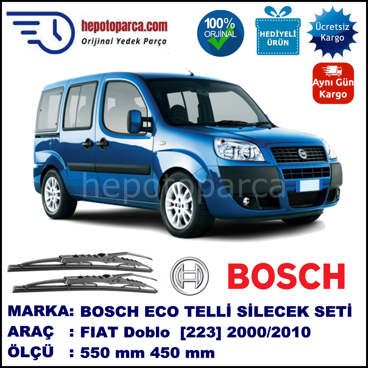 FIAT Doblo [223..] 07.2000-12.2010, 550 / 450 mm. BOSCH AEROECO Aparatlı Muz Silecek