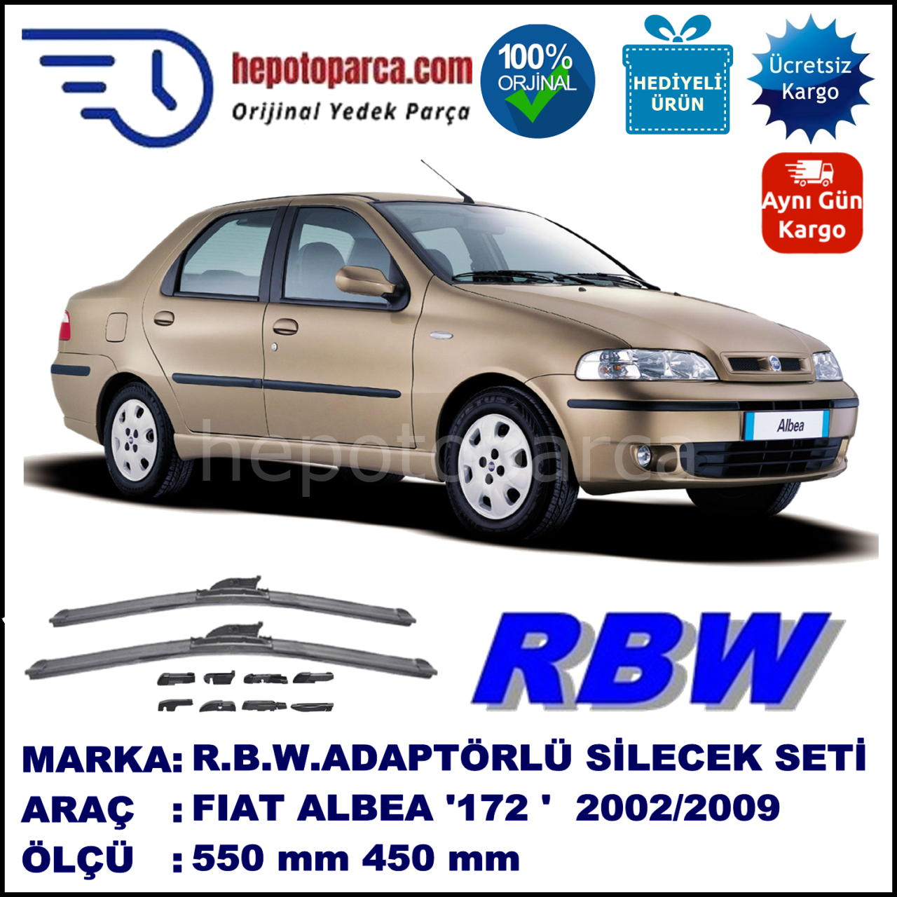 FIAT Albea [172..] 01.2002-..., 550 / 450 mm.  RBW  ADAPTÖRLÜ MUZ SİLECEK SETİ