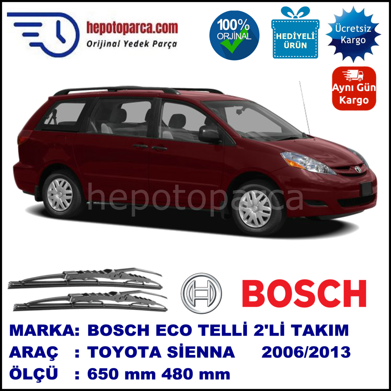 TOYOTA Sienna  09.06-... 650 / 480 mm. BOSCH ECO Telli Silecek 2'li Takım