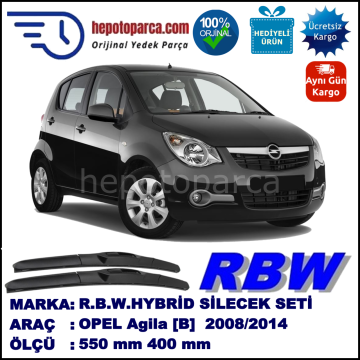 OPEL Agila [B] 03.08-... 550 / 400 mm. RBW Hybrid Silecek Seti. U Kanca Uyumlu Hibrit