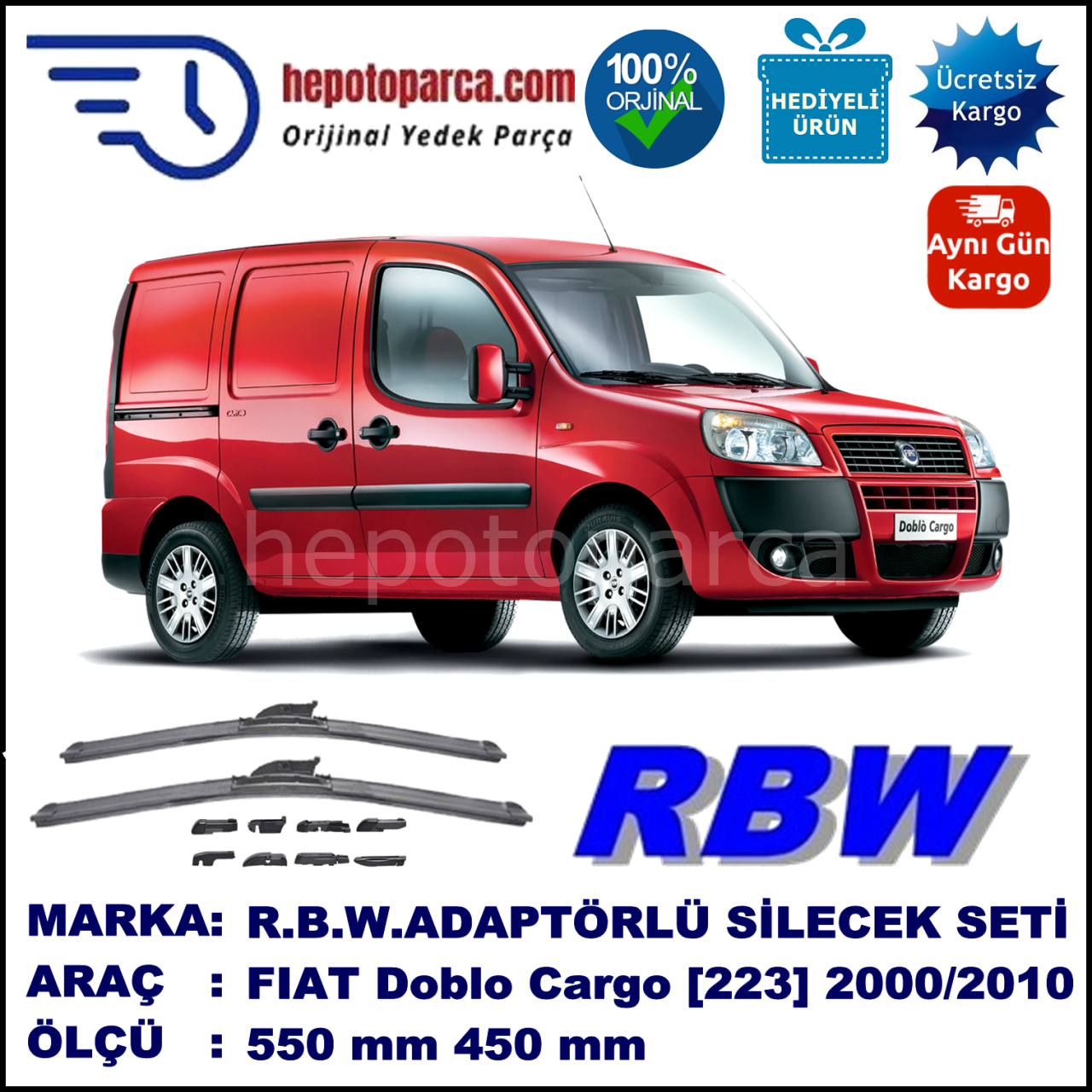 FIAT Doblo Cargo [223..] 07.2000-12.2010, 550 / 450 mm.  RBW  ADAPTÖRLÜ MUZ SİLECEK SETİ