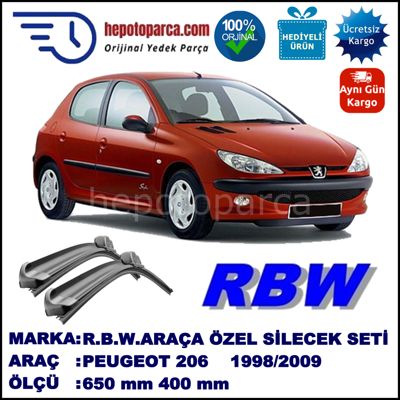 PEUGEOT 206 [T1] 06.98-02.09 650 / 400 mm. RBW Muz Silecek Seti  2'li Takım. U Kanca Uyumludur.