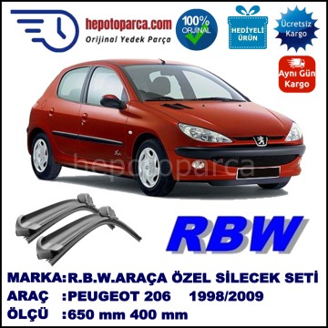 PEUGEOT 206 [T1] 06.98-02.09 650 / 400 mm. RBW Muz Silecek Seti  2'li Takım. U Kanca Uyumludur.