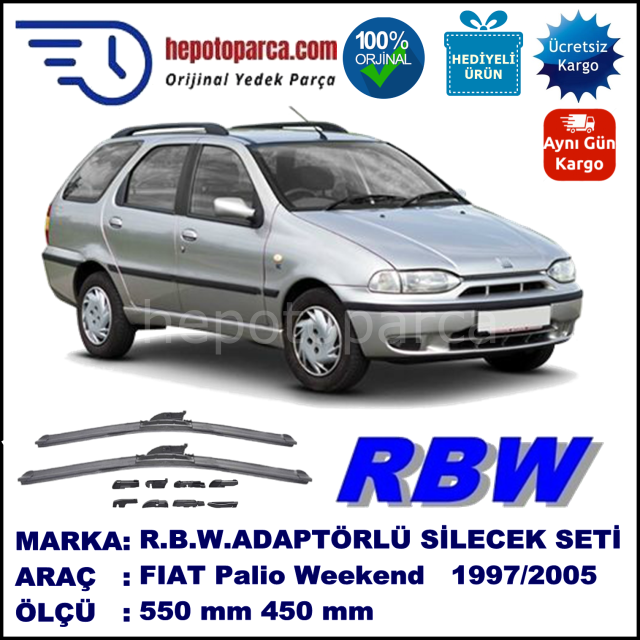 FIAT Palio [178..] 03.1998-..., 550 / 450 mm.  RBW  ADAPTÖRLÜ MUZ SİLECEK SETİ