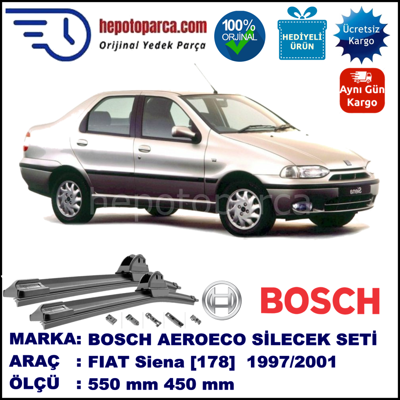 FIAT Siena [178..] 04.1997-12.2001, 550 / 450 mm. BOSCH AEROECO Aparatlı Muz Silecek