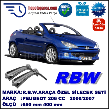 PEUGEOT 206 CC [T1] 09.00-03.07 650 / 400 mm. RBW Muz Silecek Seti  2'li Takım. U Kanca Uyumludur.